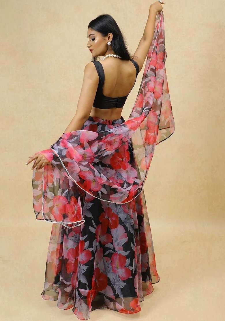 Black Printed Blended Lehenga Choli - Indya