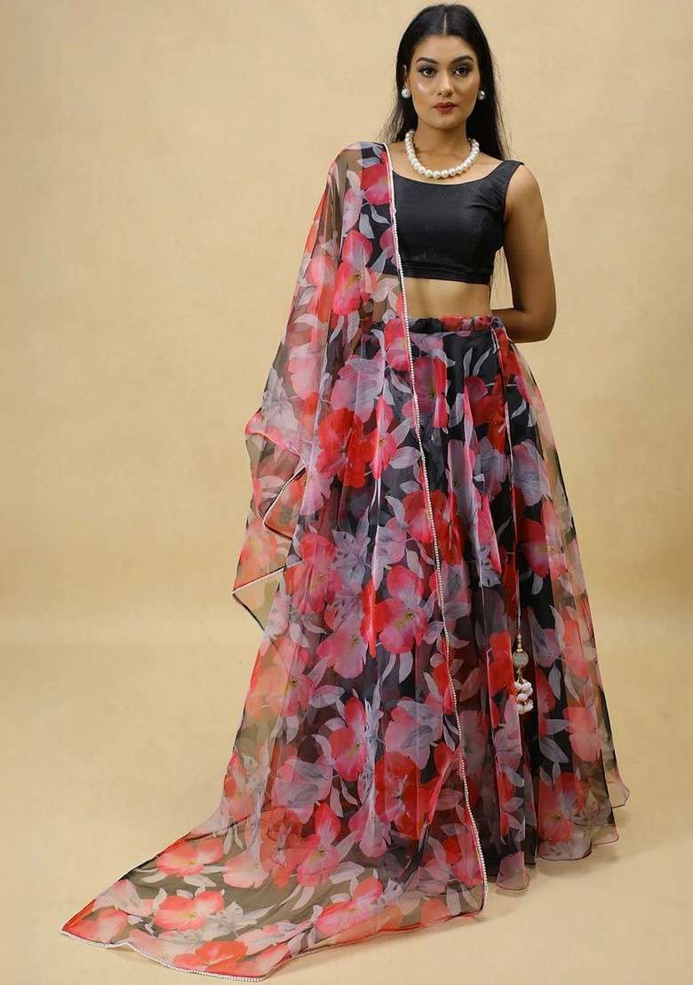 Black Printed Blended Lehenga Choli - Indya