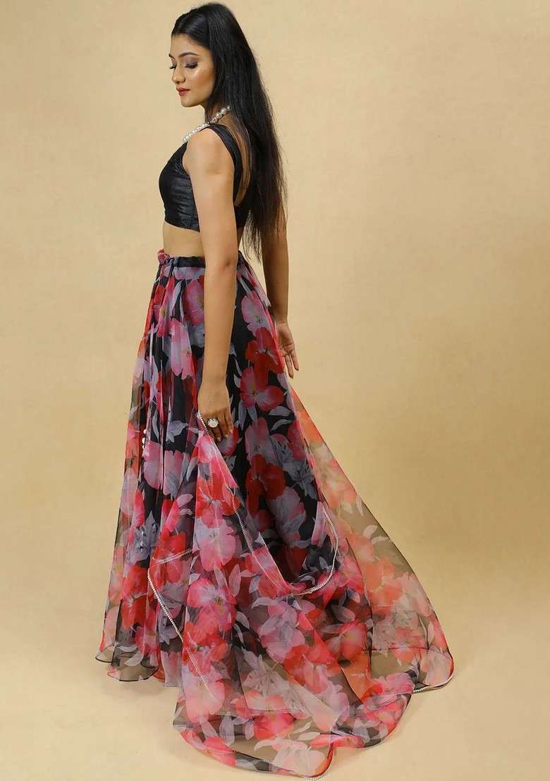 Black Printed Blended Lehenga Choli - Indya