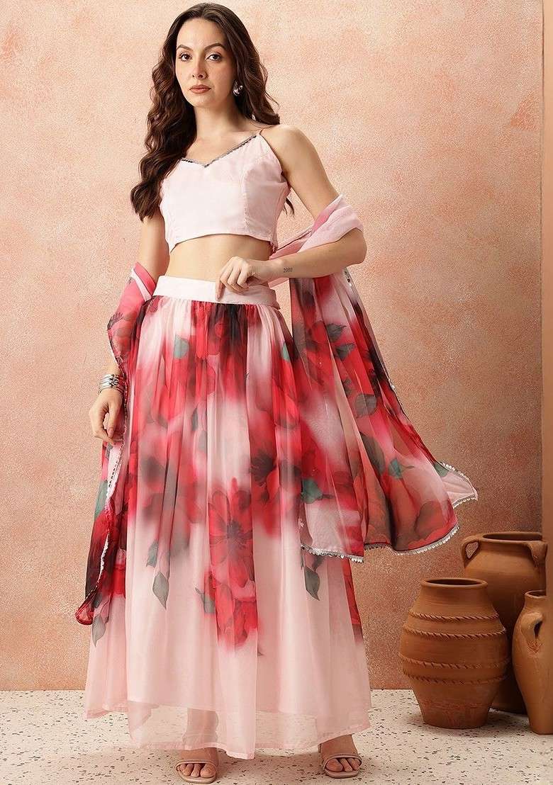 Red Printed Blended Lehenga Choli - Indya