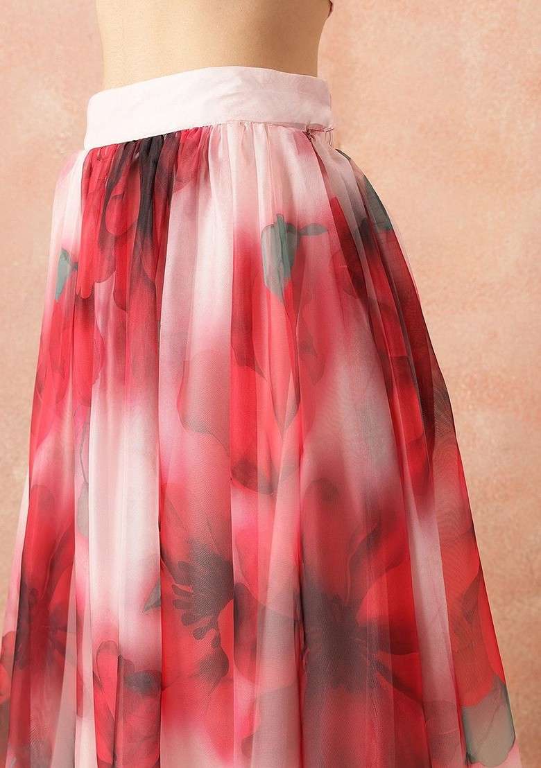 Red Printed Blended Lehenga Choli - Indya