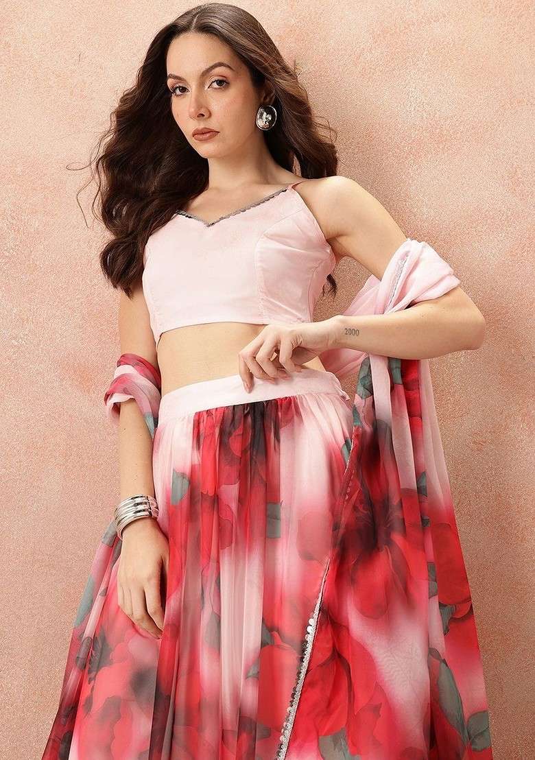 Red Printed Blended Lehenga Choli - Indya