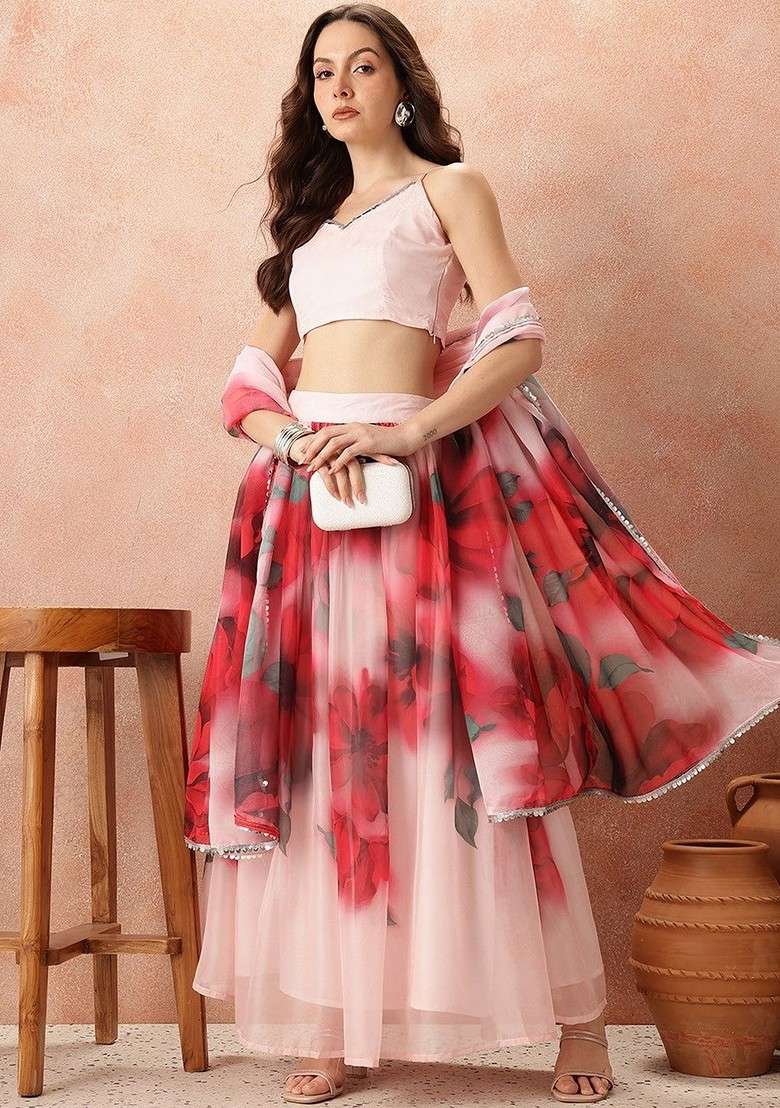 Red Printed Blended Lehenga Choli - Indya