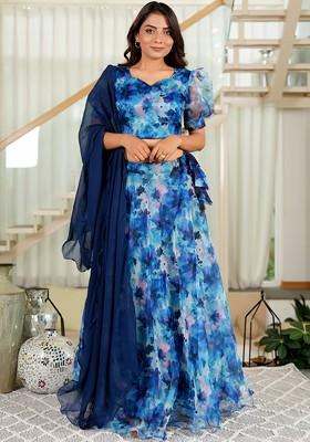 Blue Printed Blended Lehenga Choli