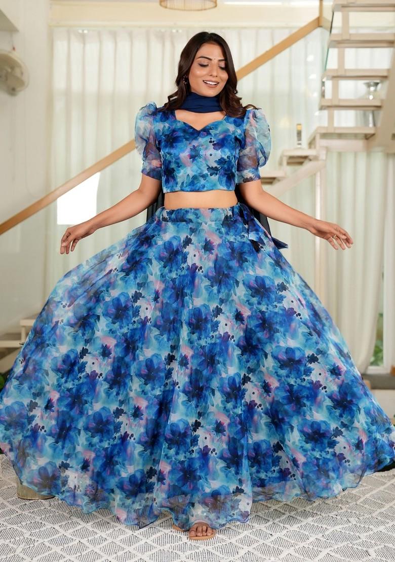 Blue Printed Blended Lehenga Choli - Indya