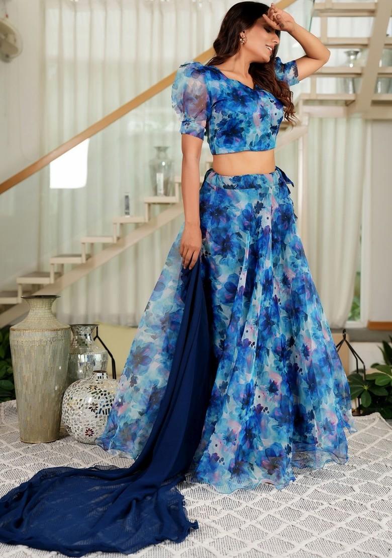 Blue Printed Blended Lehenga Choli - Indya