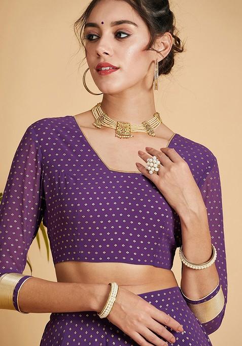 Purple Printed Blended Lehenga Choli