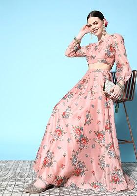 Peach Printed Blended Lehenga Choli