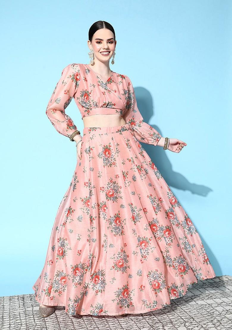 Peach Printed Blended Lehenga Choli - Indya