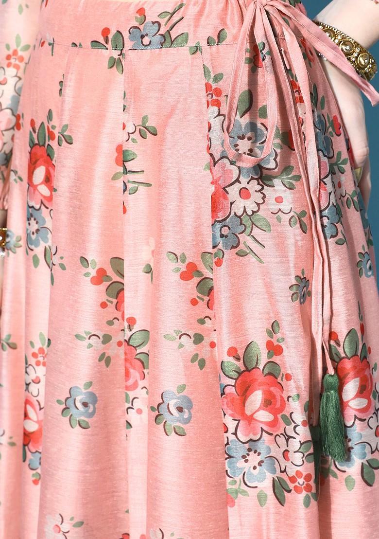 Peach Printed Blended Lehenga Choli - Indya