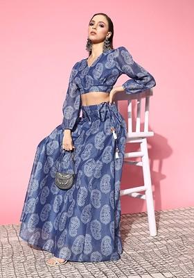 Blue Printed Blended Lehenga Choli
