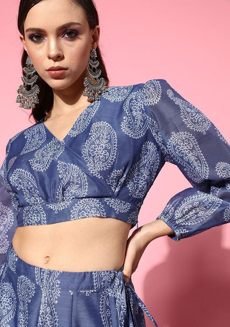 Blue Printed Blended Lehenga Choli - Indya