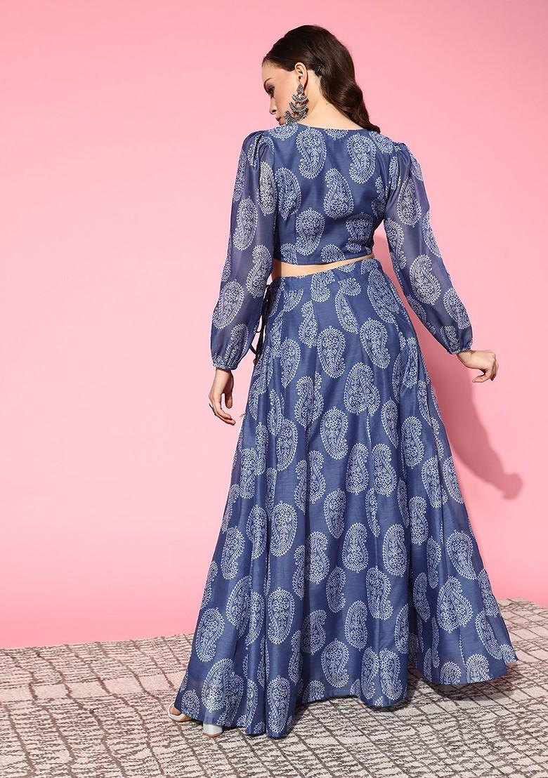 Blue Printed Blended Lehenga Choli - Indya
