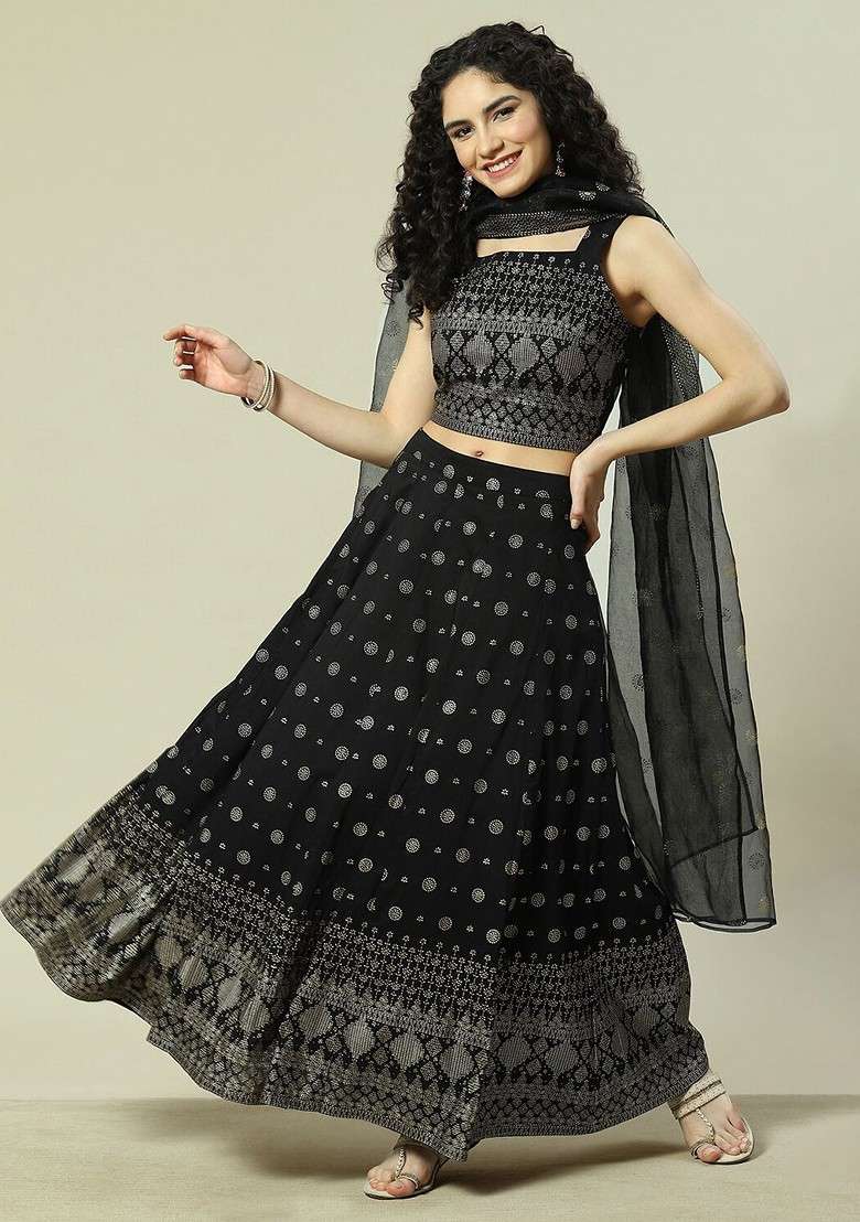 Black Printed Blended Lehenga Choli - Indya