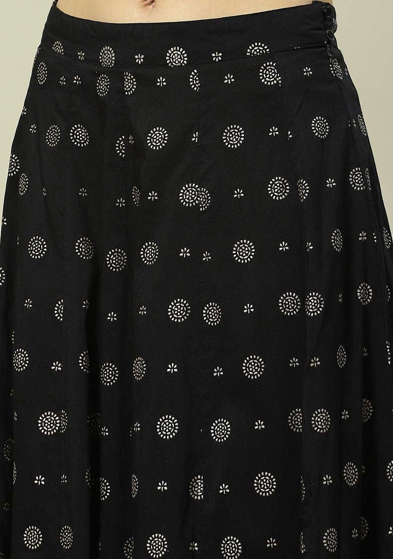Black Printed Blended Lehenga Choli - Indya