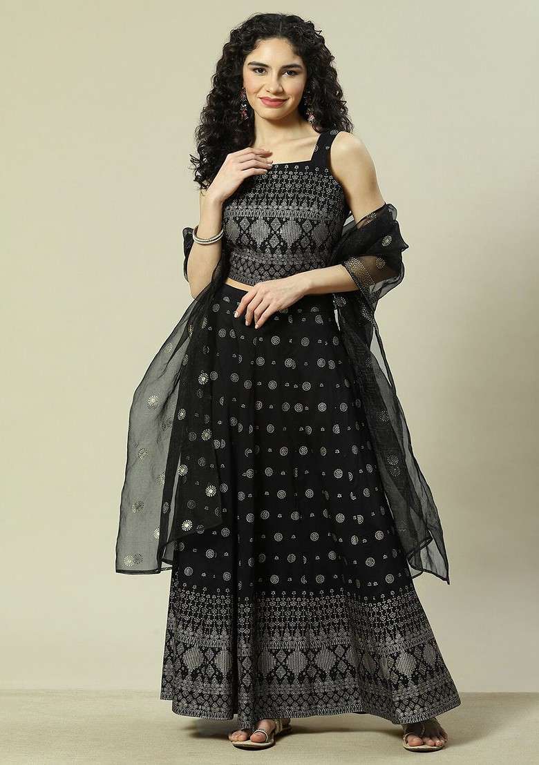 Black Printed Blended Lehenga Choli - Indya
