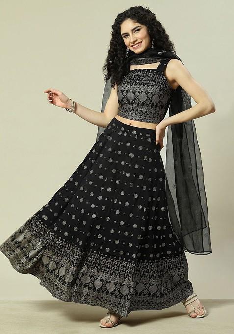 Black Printed Blended Lehenga Choli — view on Indya