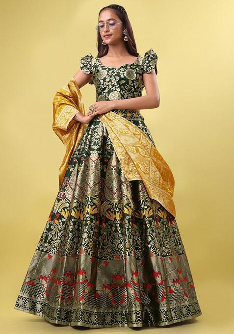 Green Woven Design Blended Lehenga Choli — view on Indya