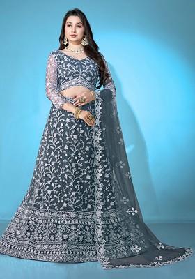 Grey Emboridered Blended Lehenga Choli