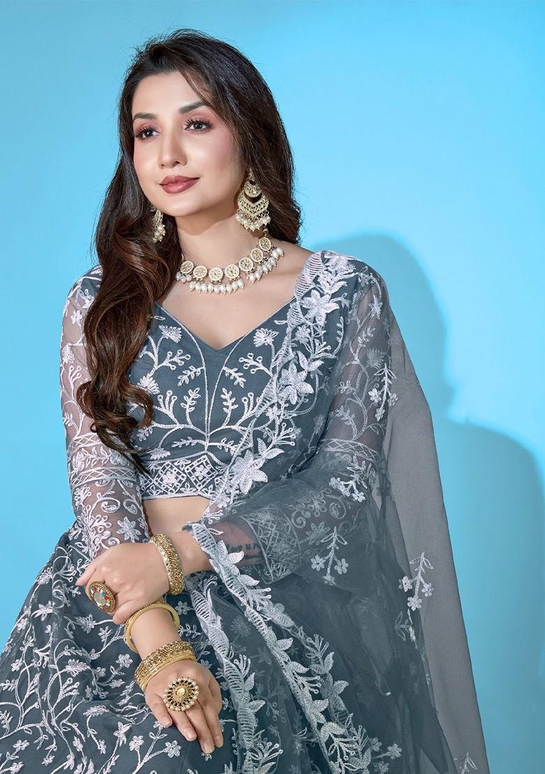 Grey Emboridered Blended Lehenga Choli - Indya
