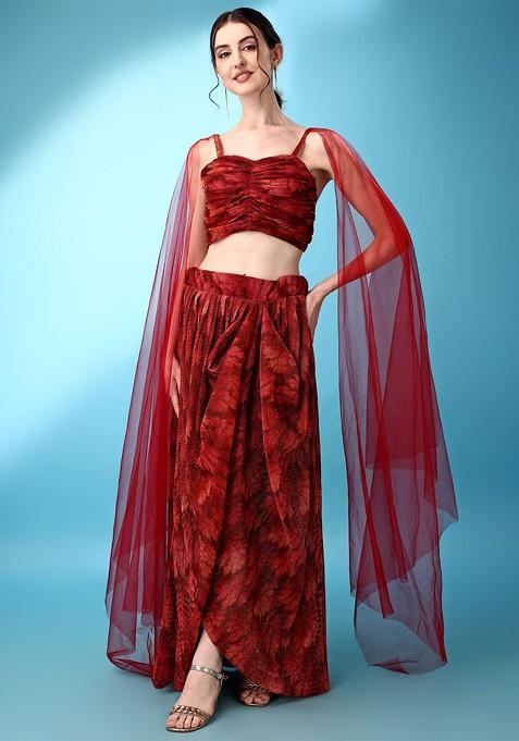 Red Printed Blended Lehenga Choli — view on Indya