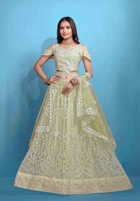 Lime Green Emboridered Blended Lehenga Choli
