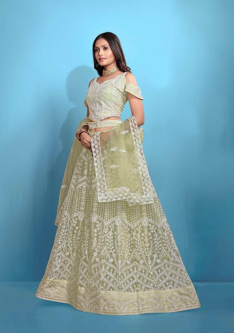 Lime Green Emboridered Blended Lehenga Choli - Indya