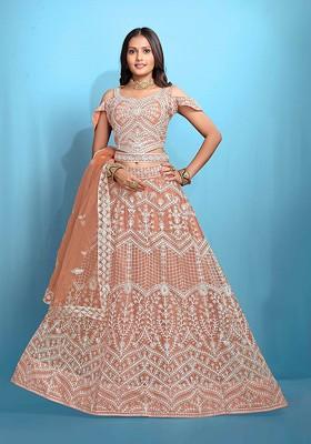 Orange Emboridered Blended Lehenga Choli