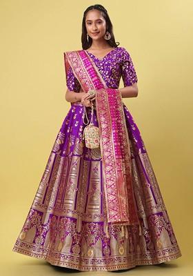 Purple Woven Design Blended Lehenga Choli