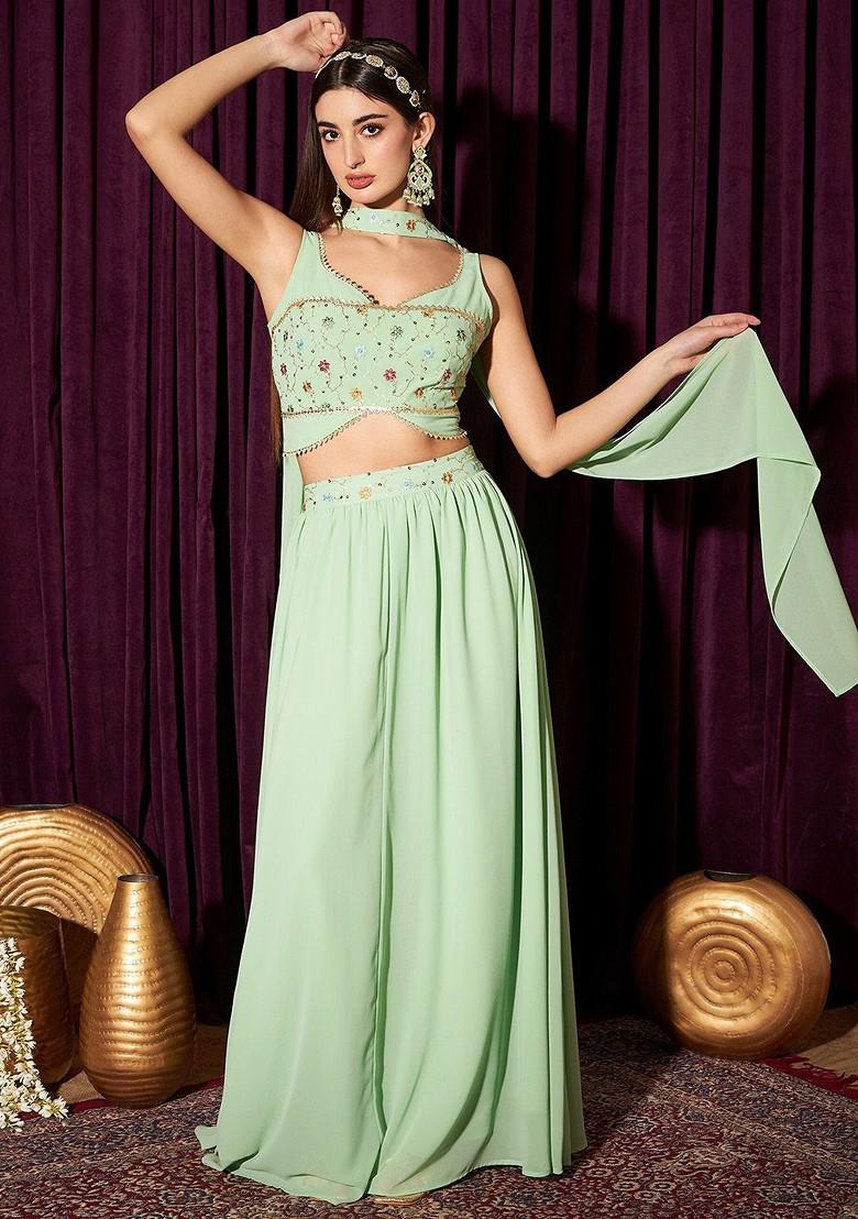 Green Embellished Blended Lehenga Choli