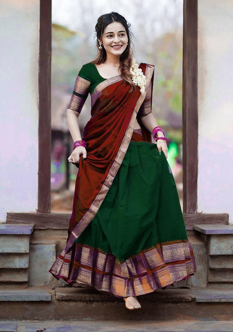 Green Woven Design Blended Lehenga Choli - Indya