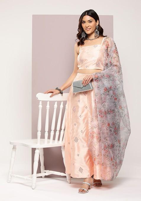 Peach Emboridered Blended Lehenga Choli