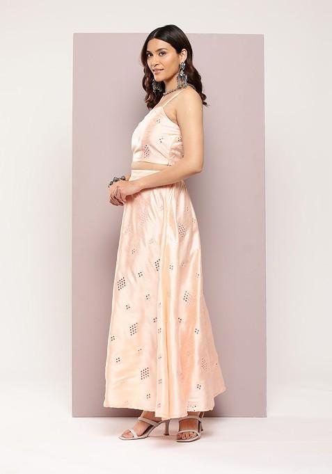 Peach Emboridered Blended Lehenga Choli