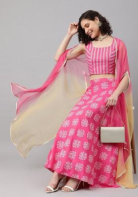 Pink Printed Blended Lehenga Choli