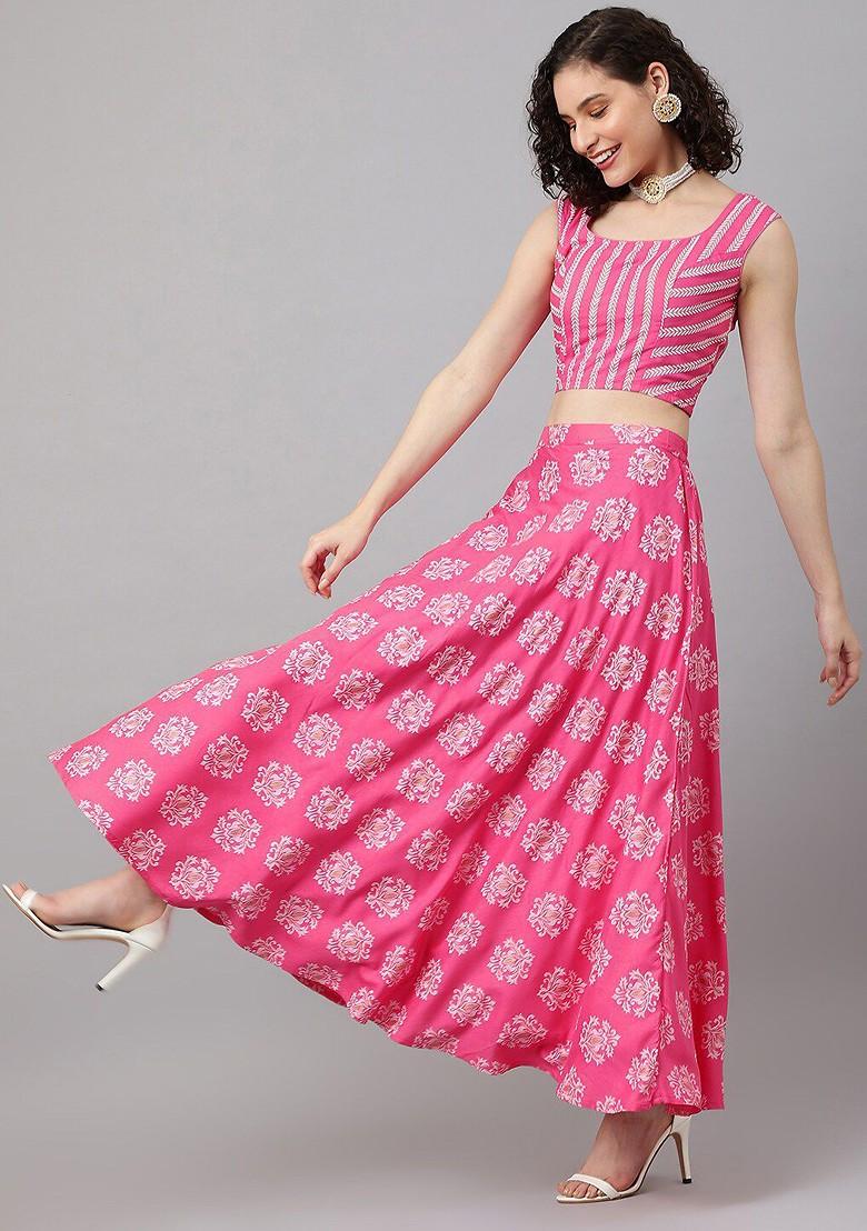 Pink Printed Blended Lehenga Choli