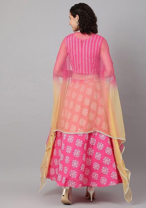 Pink Printed Blended Lehenga Choli