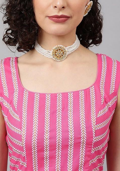 Pink Printed Blended Lehenga Choli