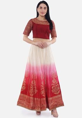 Maroon Printed Blended Lehenga Choli