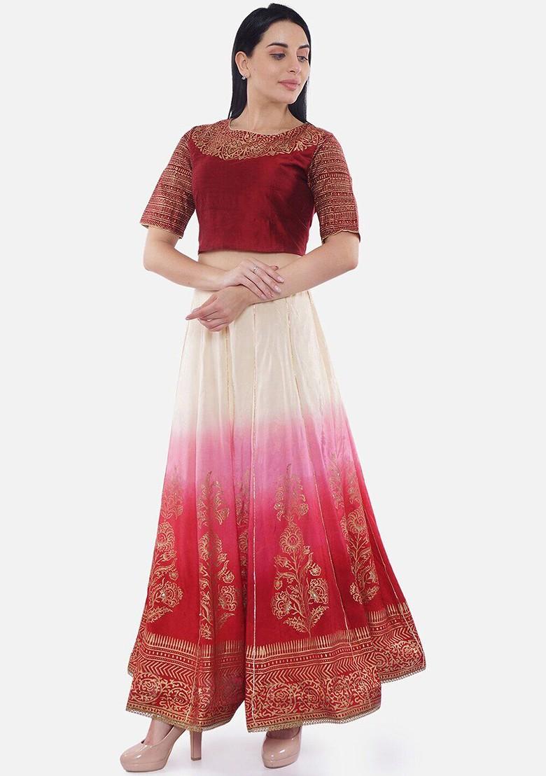 Maroon Printed Blended Lehenga Choli - Indya