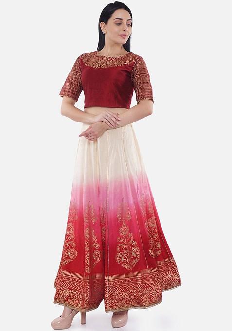 Maroon Printed Blended Lehenga Choli