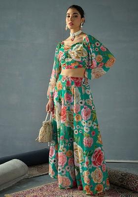 Green Printed Blended Lehenga Choli