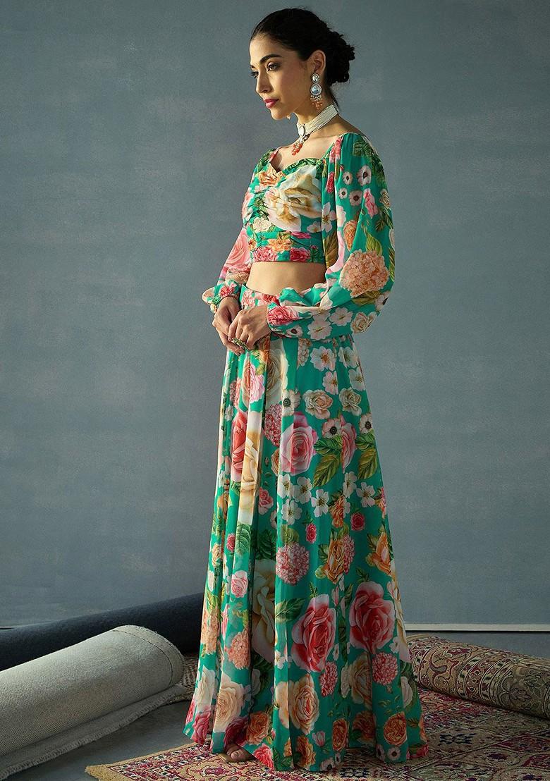 Green Printed Blended Lehenga Choli - Indya