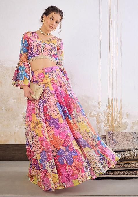 Pink Printed Blended Lehenga Choli — view on Indya
