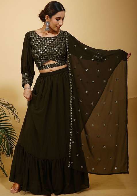 Olive Emboridered Blended Lehenga Choli