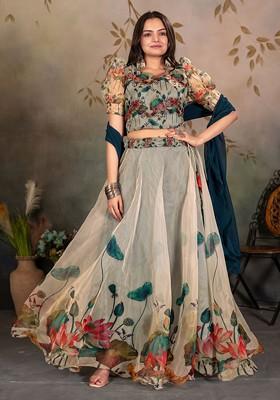 Blue Printed Blended Lehenga Choli