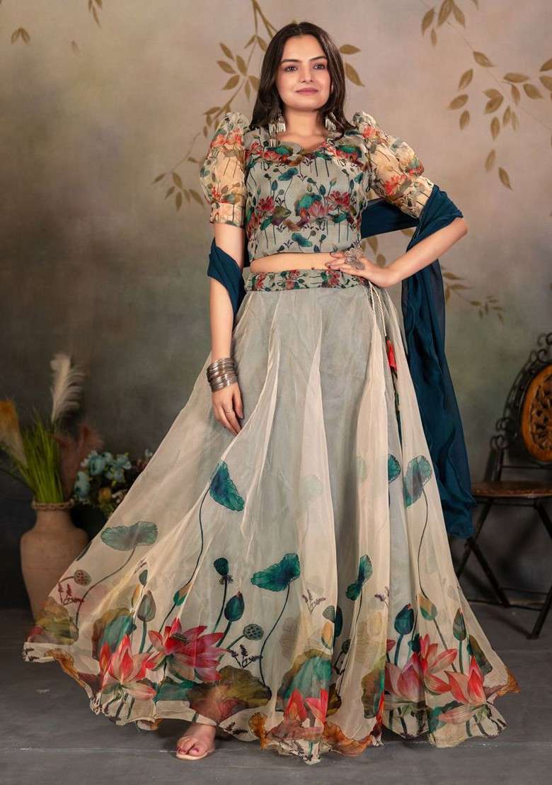 Blue Printed Blended Lehenga Choli - Indya