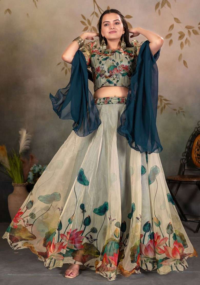 Blue Printed Blended Lehenga Choli - Indya