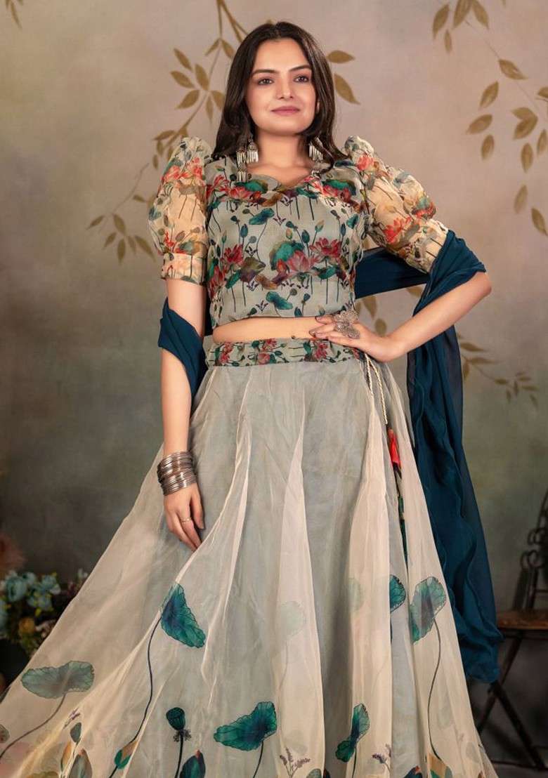 Blue Printed Blended Lehenga Choli - Indya