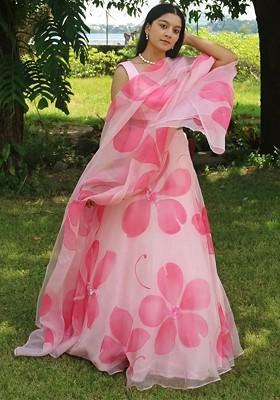Pink Printed Blended Lehenga Choli