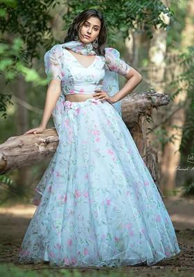 Blue Printed Blended Lehenga Choli
